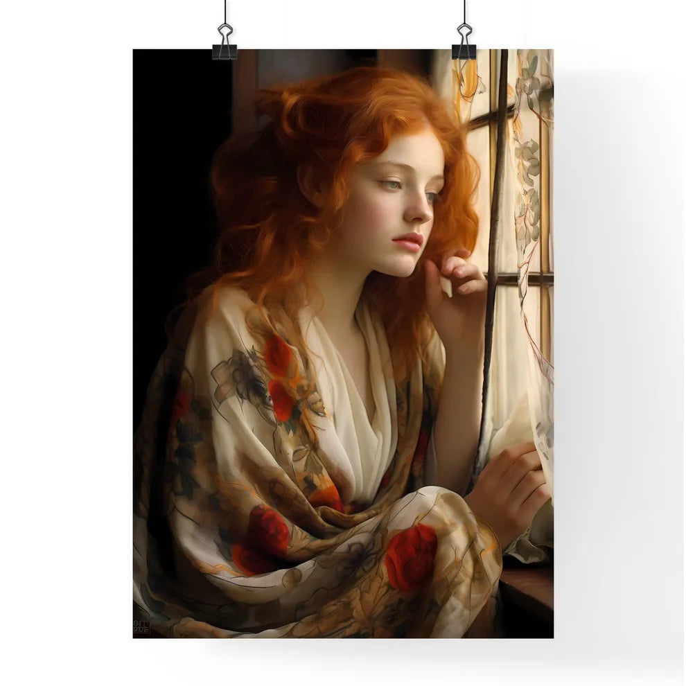 A Poster of woman with red hair sitting - A  Poster