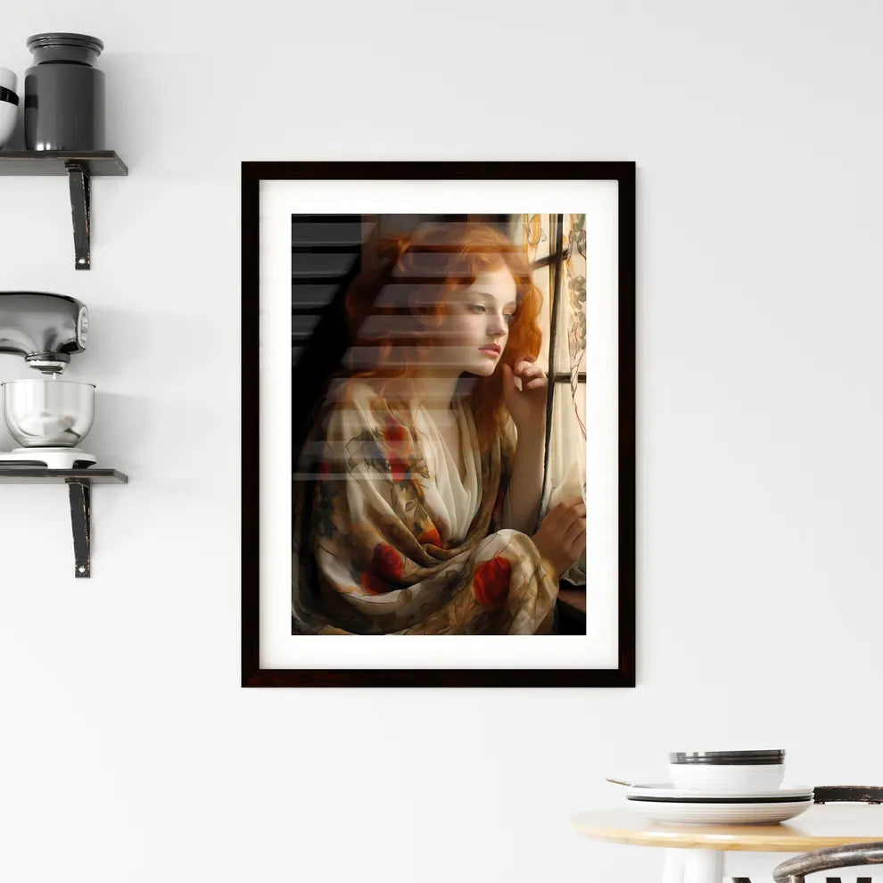 A Poster of woman with red hair sitting - A  Framed Print