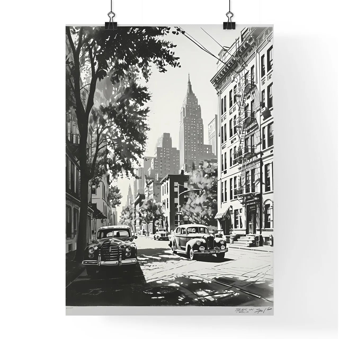 A Poster of art deco minimalism - A Black And White Picture Of A Street With Cars And Buildings Poster