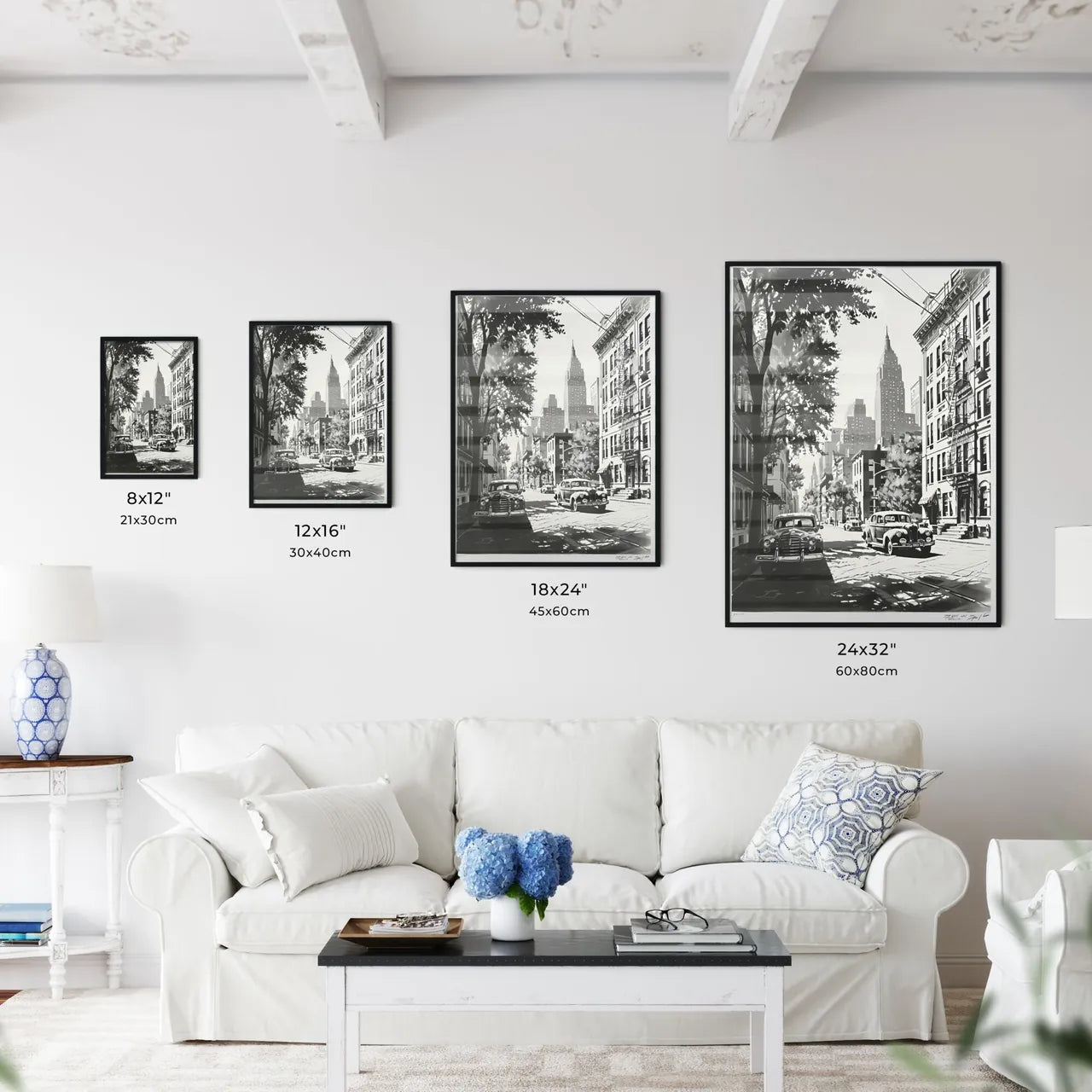 A Poster of art deco minimalism - A Black And White Picture Of A Street With Cars And Buildings Size Chart