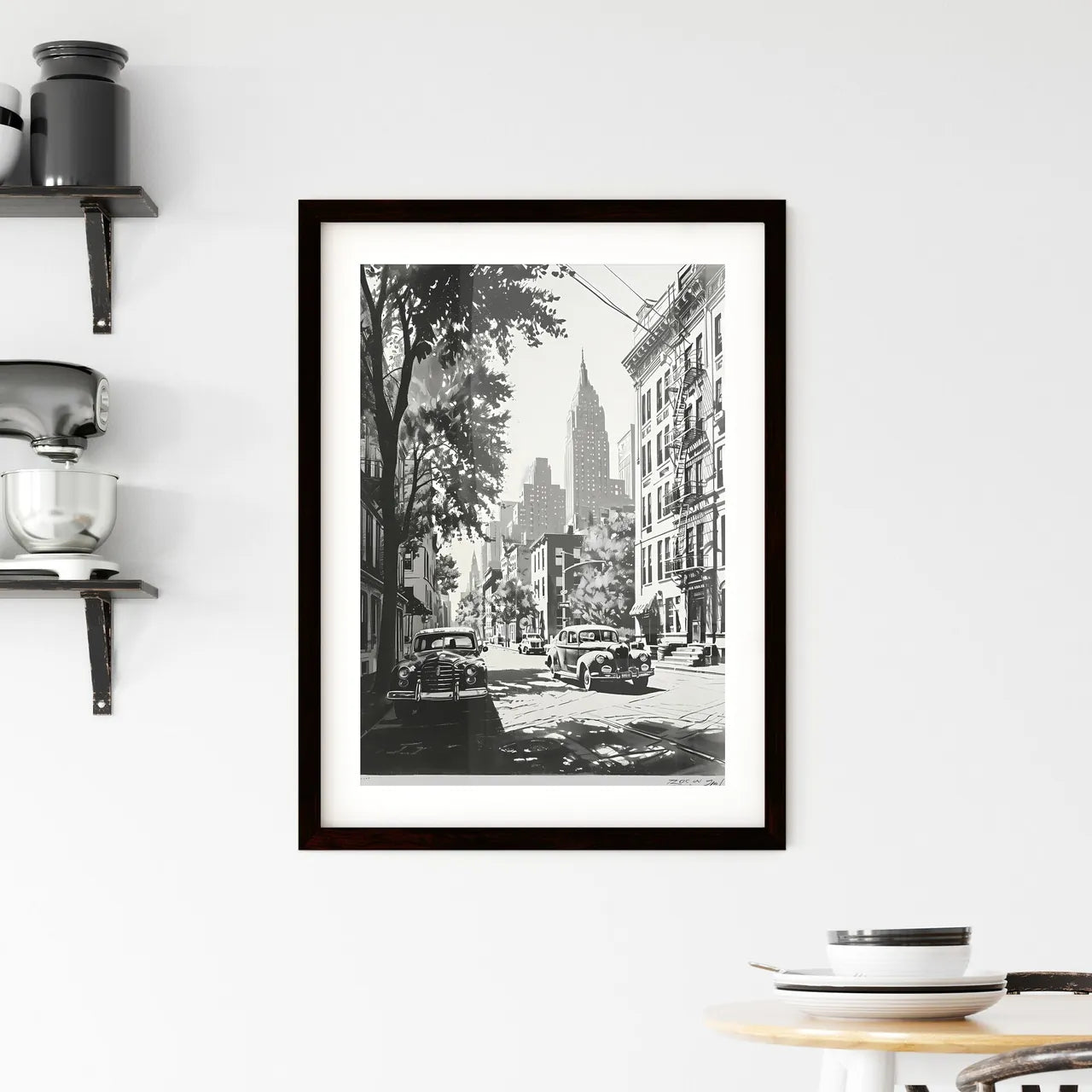 A Poster of art deco minimalism - A Black And White Picture Of A Street With Cars And Buildings Custom Print