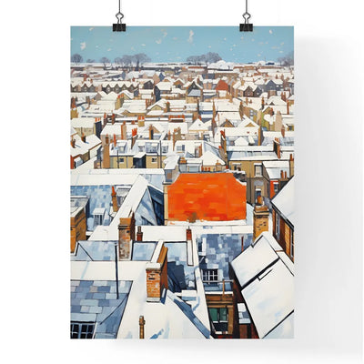 A Poster of snowy urban roofs of london - A Rooftops Of A City