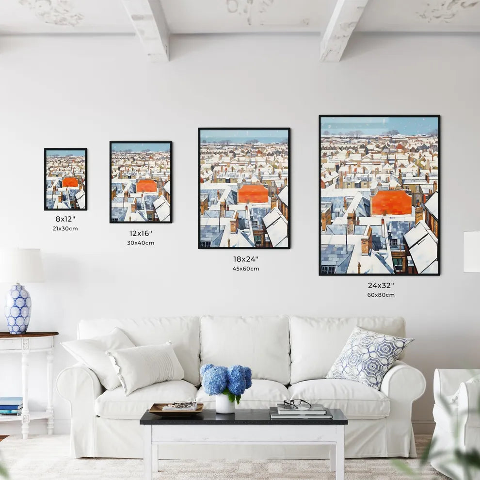 A Poster of snowy urban roofs of london - A Rooftops Of A City Size Chart