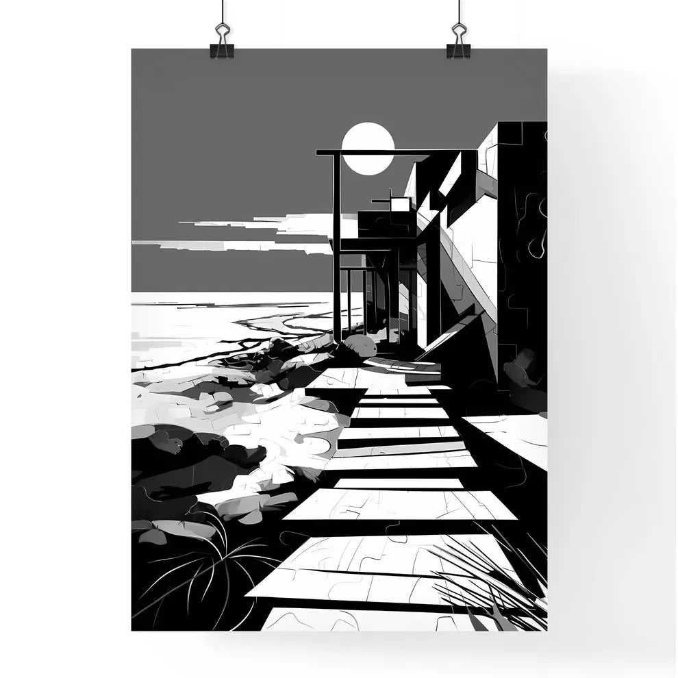 A Poster of A summer beach - A Building With A Walkway And A Beach Poster