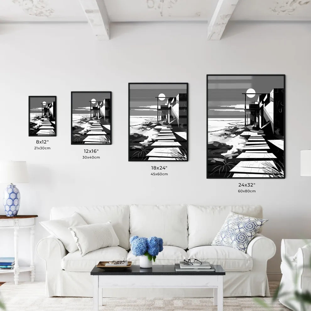 A Poster of A summer beach - A Building With A Walkway And A Beach Size Chart