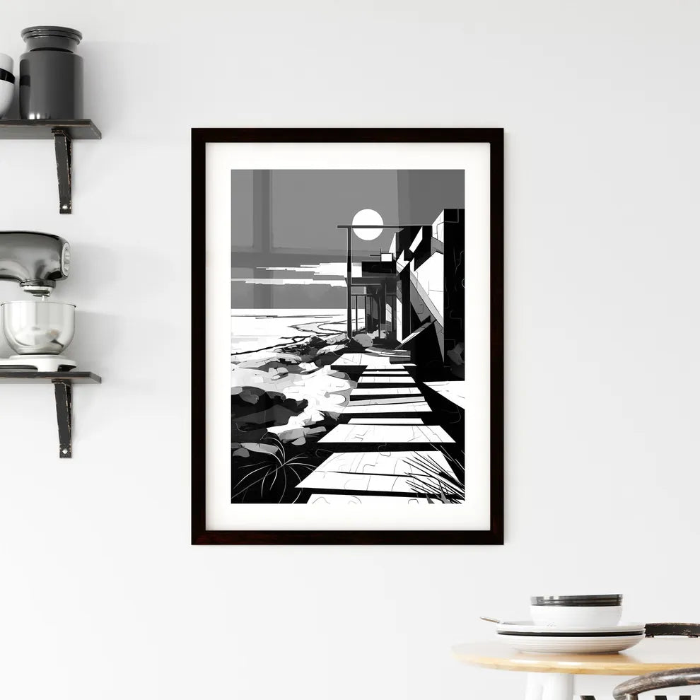 A Poster of A summer beach - A Building With A Walkway And A Beach Custom Print