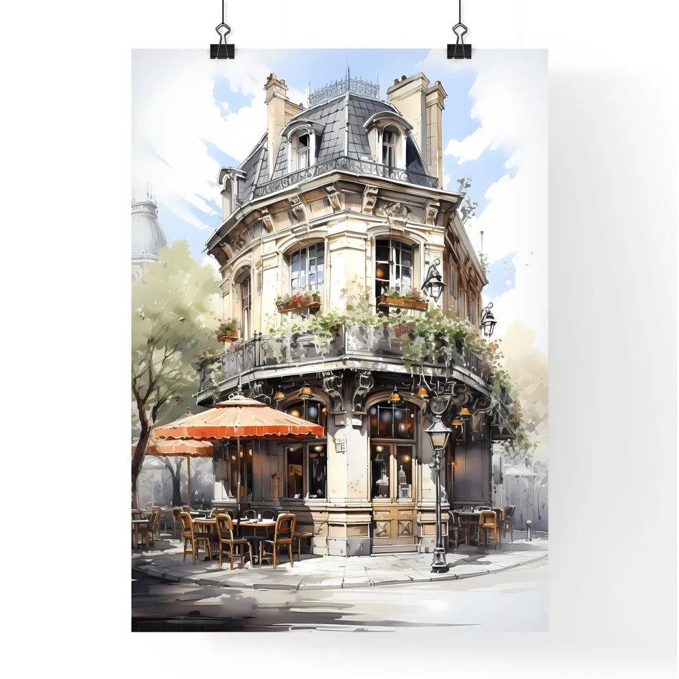 A Poster of the exterior of a paris restaurant - A Building With A Corner Patio And Tables Poster
