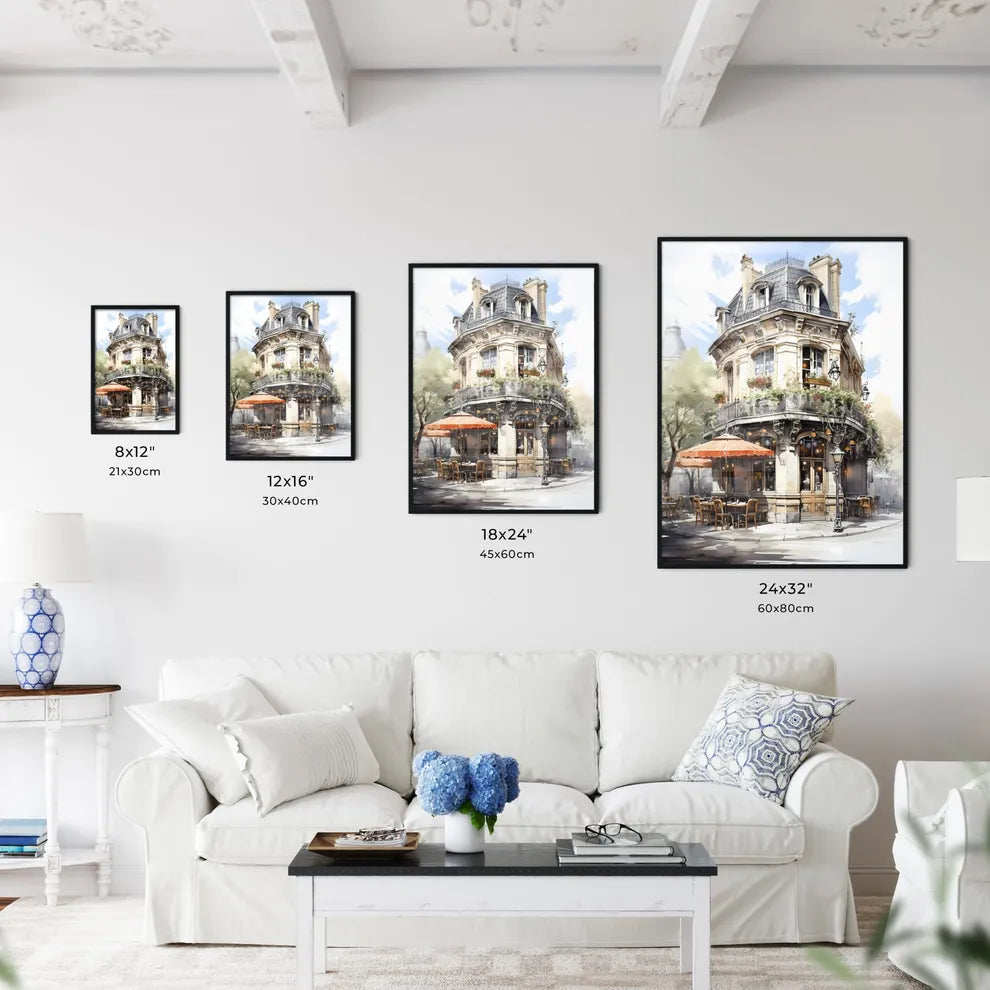 A Poster of the exterior of a paris restaurant - A Building With A Corner Patio And Tables Size Chart