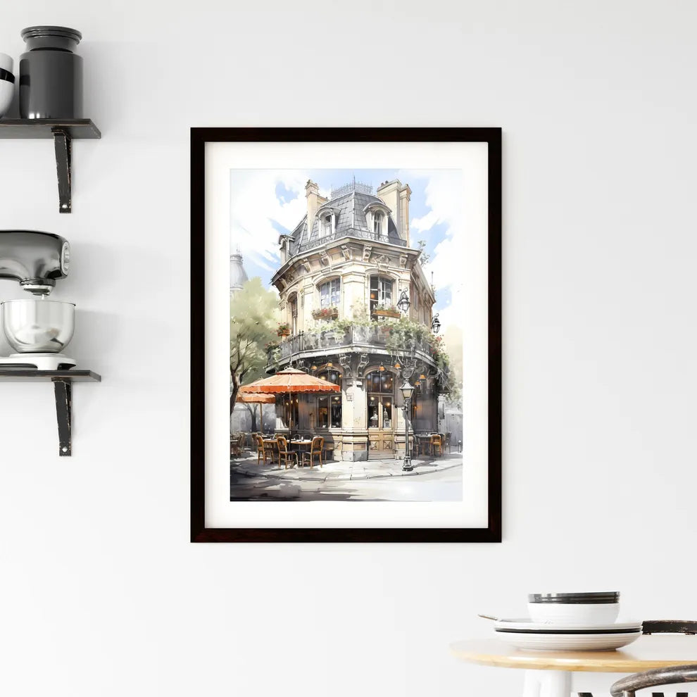 A Poster of the exterior of a paris restaurant - A Building With A Corner Patio And Tables Custom Print