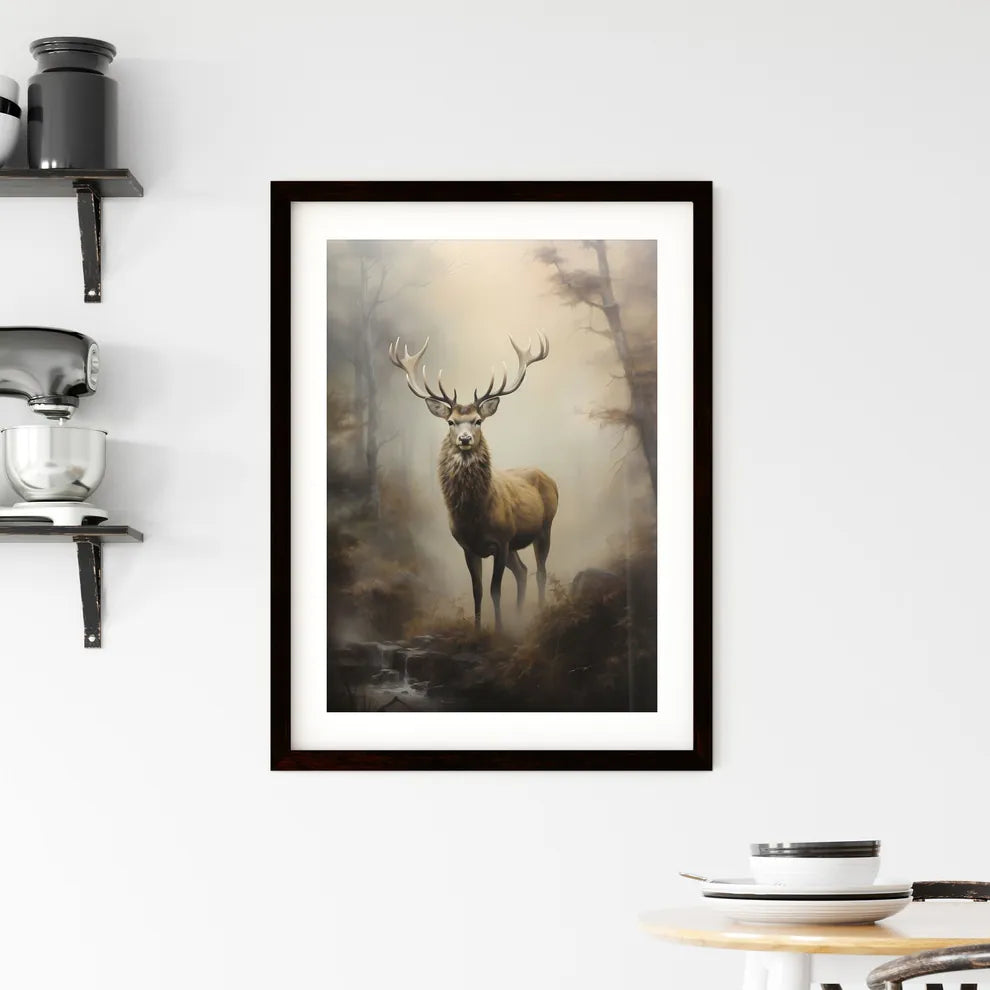 A Poster of an elk is standing on a fog  Framed Print