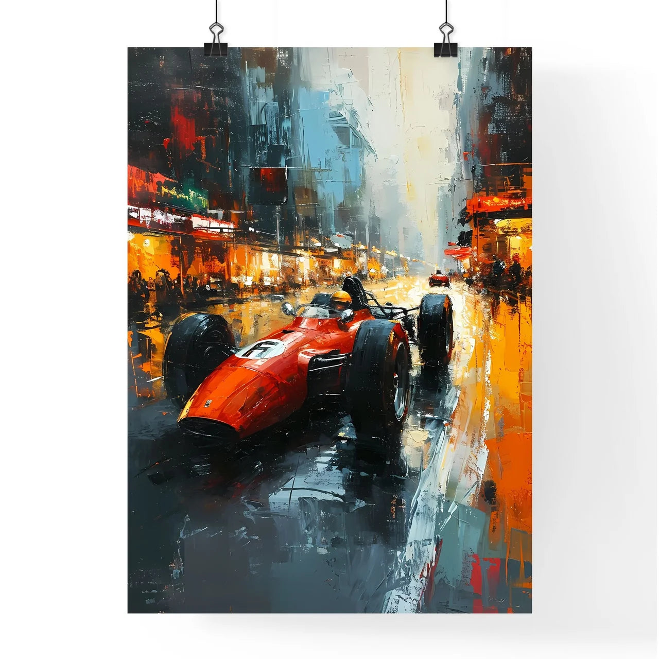 A Poster of Formula One style race car - A Painting Of A Red Race Car On A Wet Street Poster