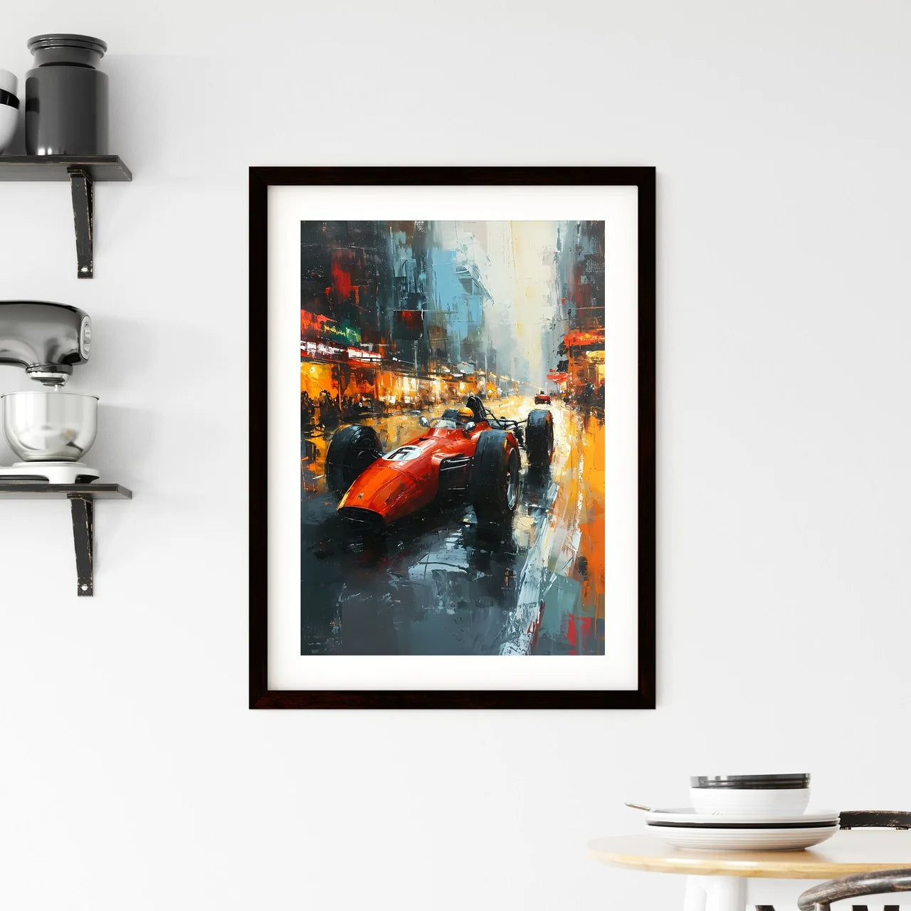 A Poster of Formula One style race car - A Painting Of A Red Race Car On A Wet Street Custom Print