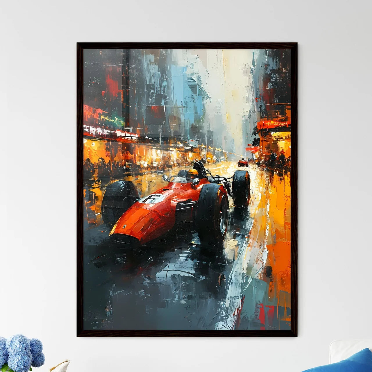 A Poster of Formula One style race car - A Painting Of A Red Race Car On A Wet Street Framed Art