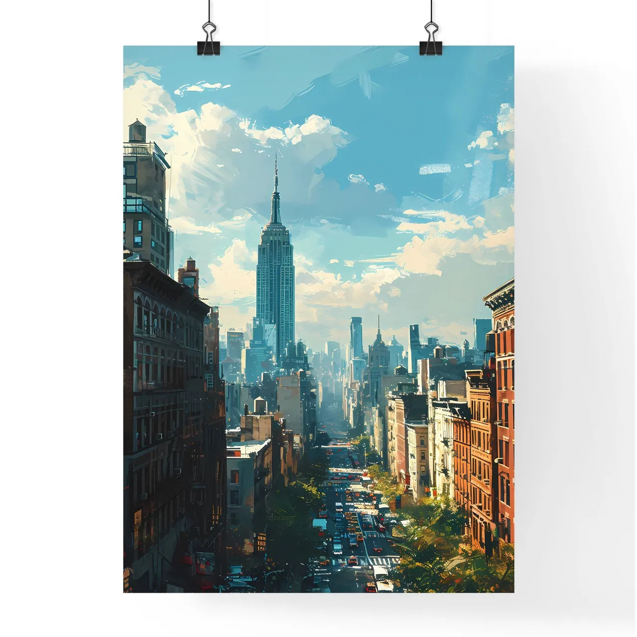 A Poster of New York City Skyline - A City Street With Tall Buildings And A Tall Building In The Distance Poster