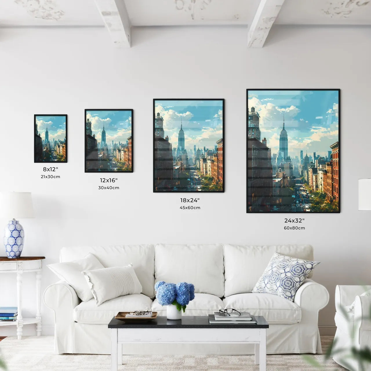A Poster of New York City Skyline - A City Street With Tall Buildings And A Tall Building In The Distance Size Chart