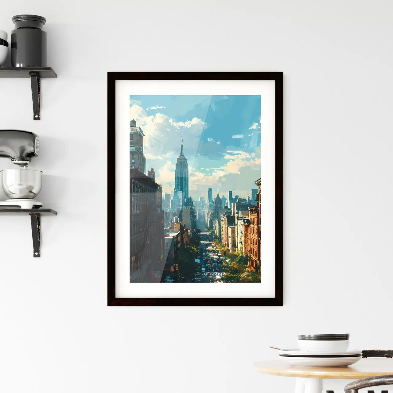 A Poster of New York City Skyline - A City Street With Tall Buildings And A Tall Building In The Distance Custom Print