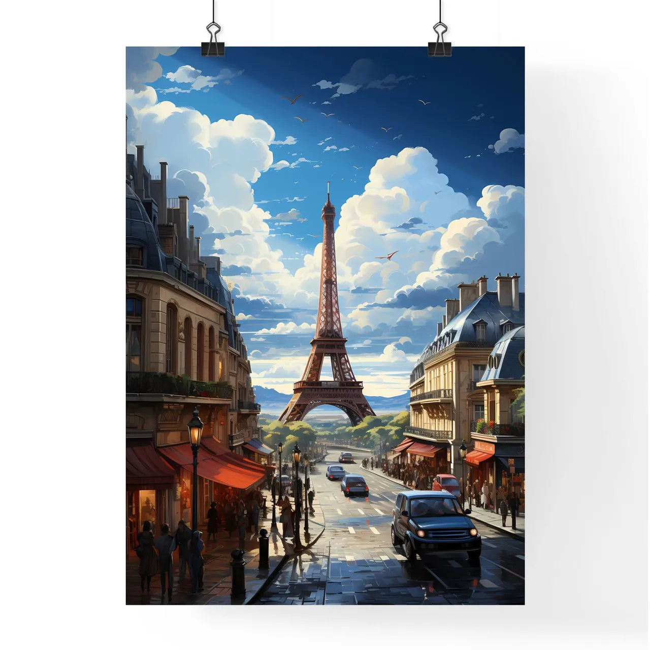 A Poster of the roofs of paris - A Street With Cars And A Tower In The Background Poster