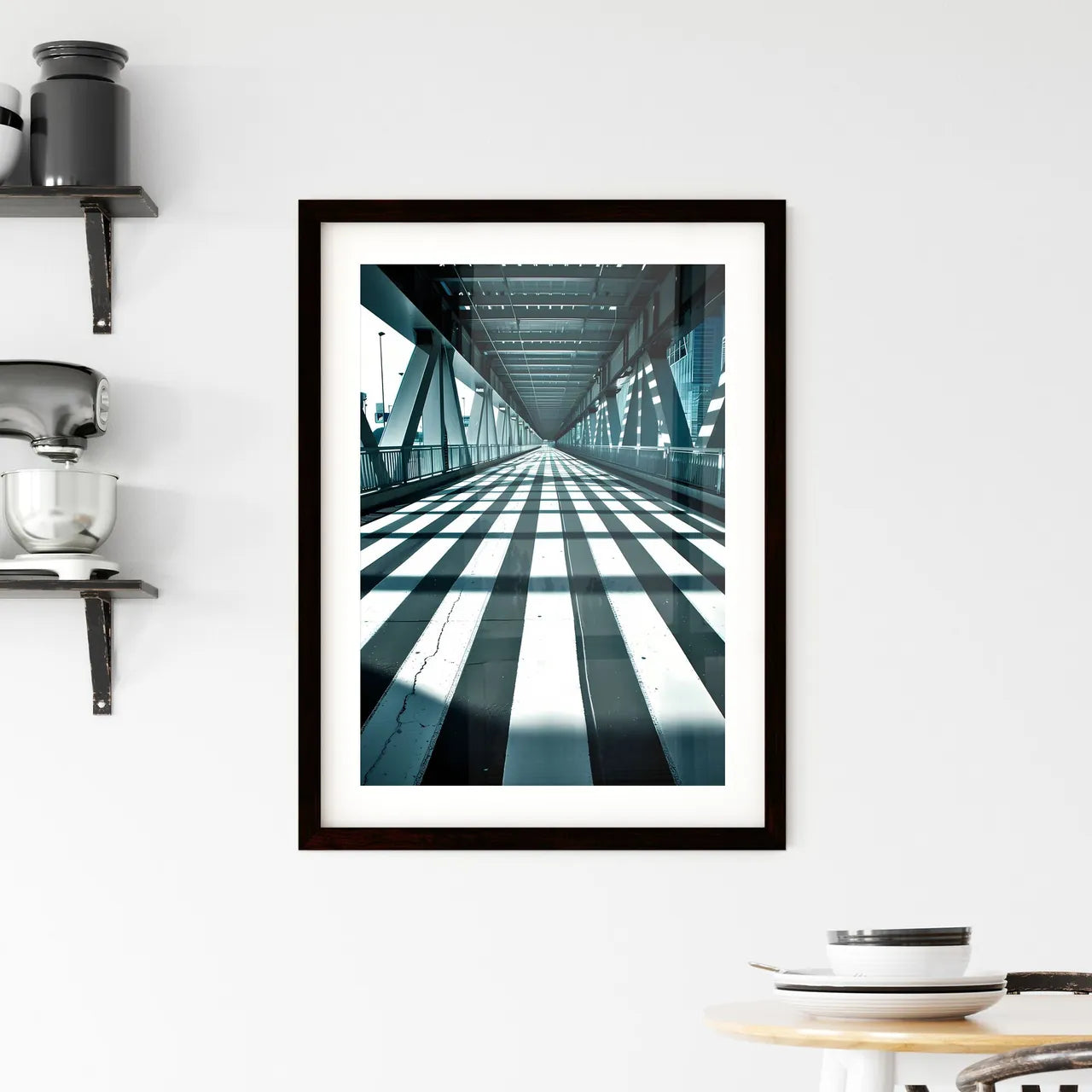 A Poster of tunnel shadows - A Black And White Striped Walkway Custom Print