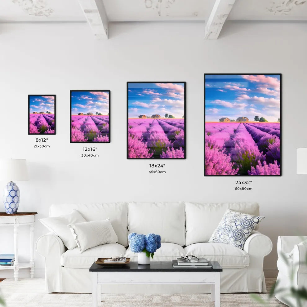 A Poster of large lavender flower sea - A Field Of Lavender With Houses In The Background Size Chart