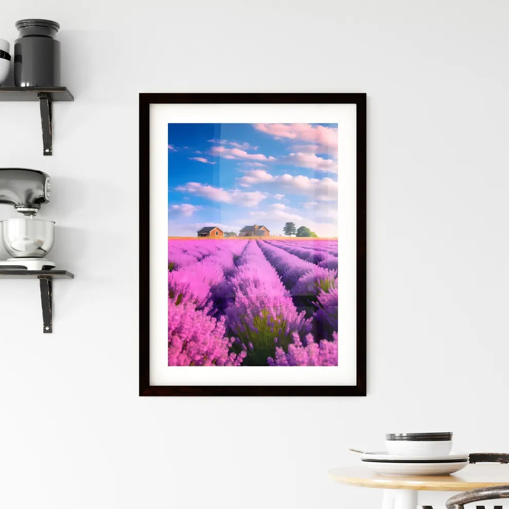 A Poster of large lavender flower sea - A Field Of Lavender With Houses In The Background Custom Print