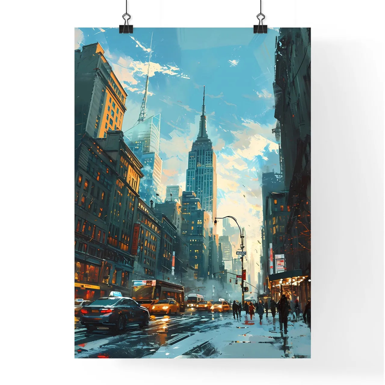 A Poster of New York City Skyline - A City Street With Tall Buildings And People Walking Poster