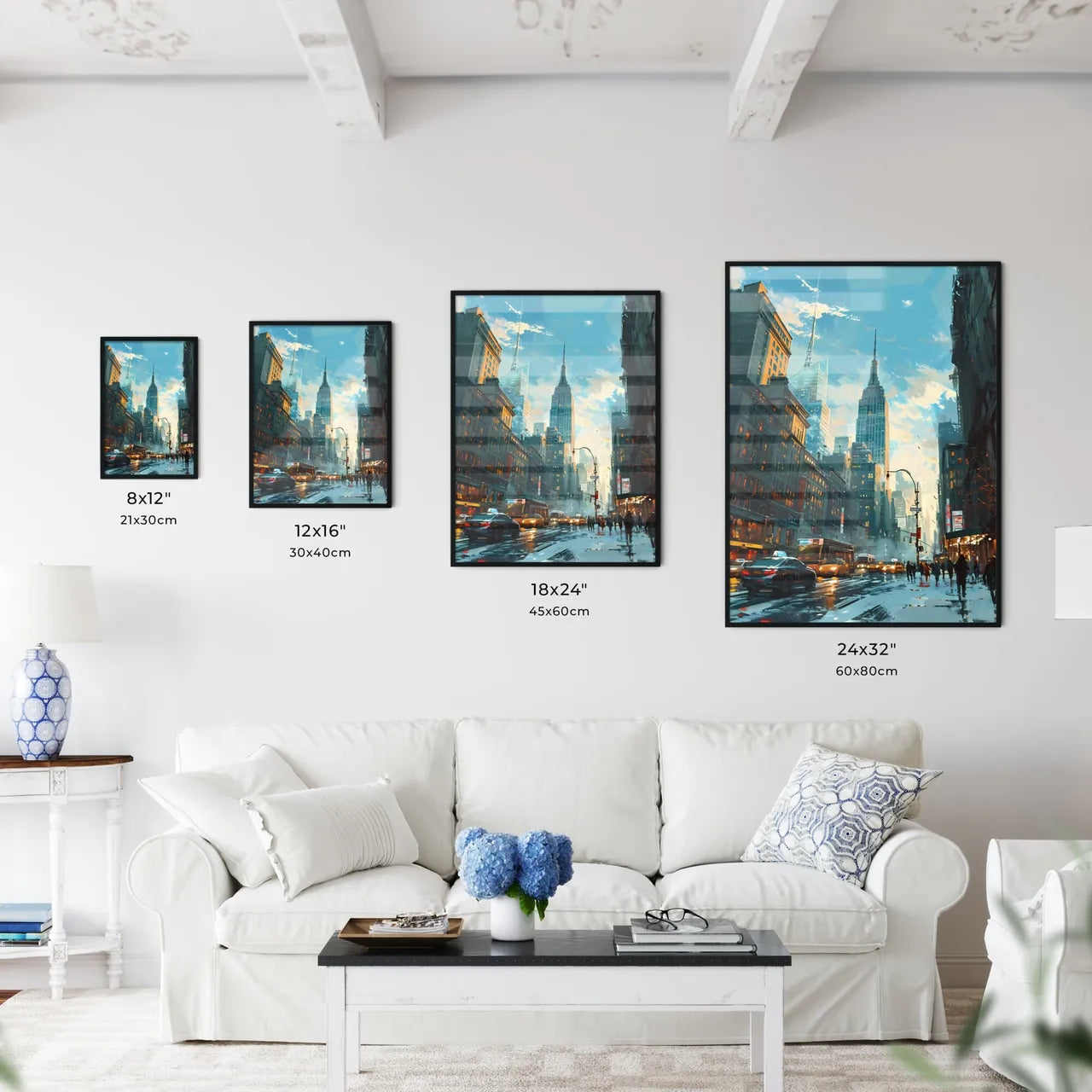 A Poster of New York City Skyline - A City Street With Tall Buildings And People Walking Size Chart