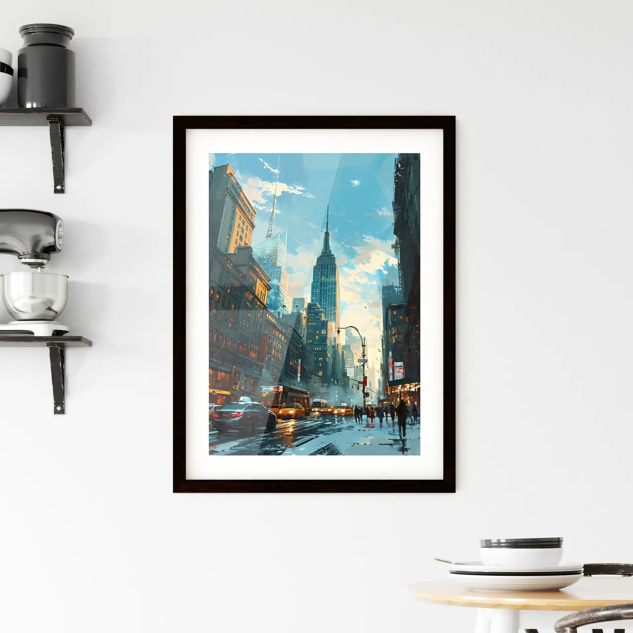 A Poster of New York City Skyline - A City Street With Tall Buildings And People Walking Custom Print