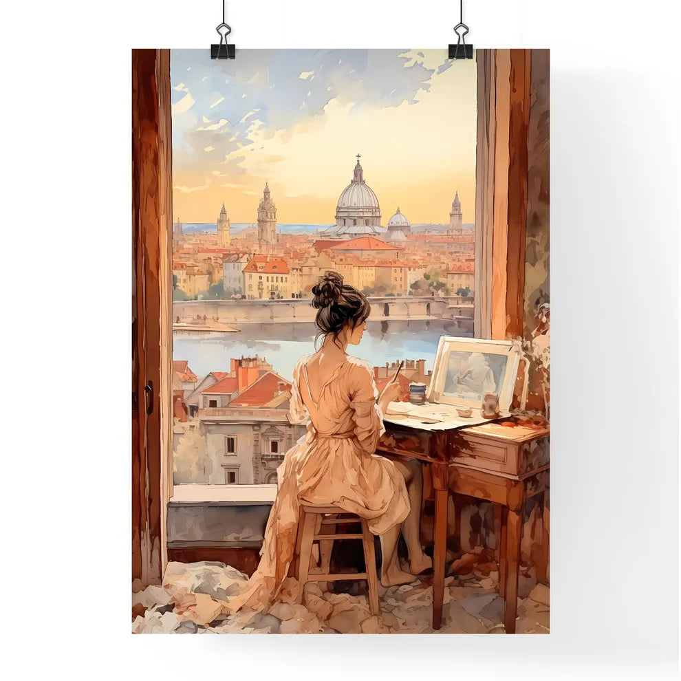 A Poster of illustration of young woman working - A Woman Sitting At A Desk Looking Out A Window At A City Poster