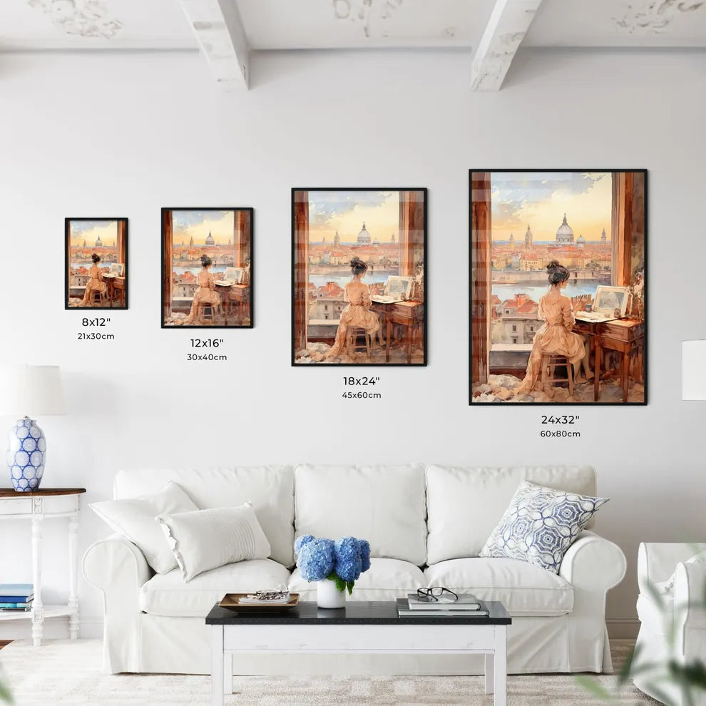 A Poster of illustration of young woman working - A Woman Sitting At A Desk Looking Out A Window At A City Size Chart