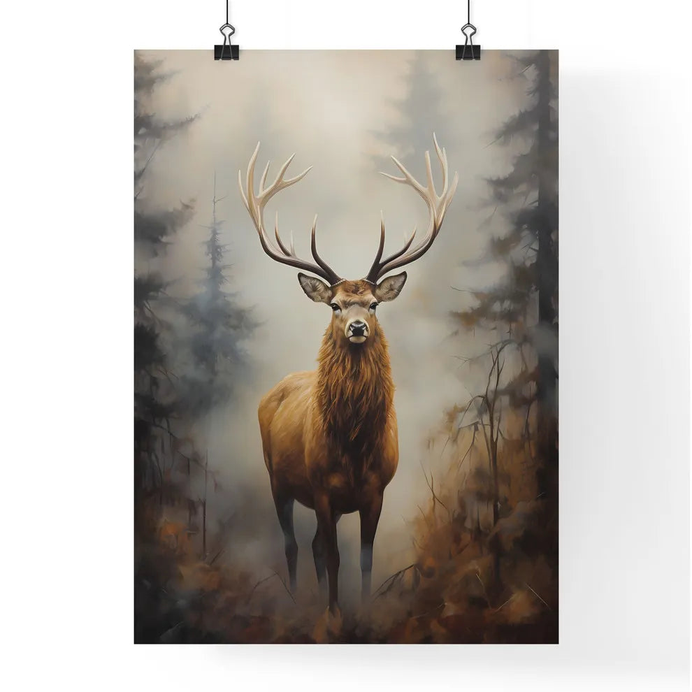 A Poster of an elk is standing on a fog  Poster