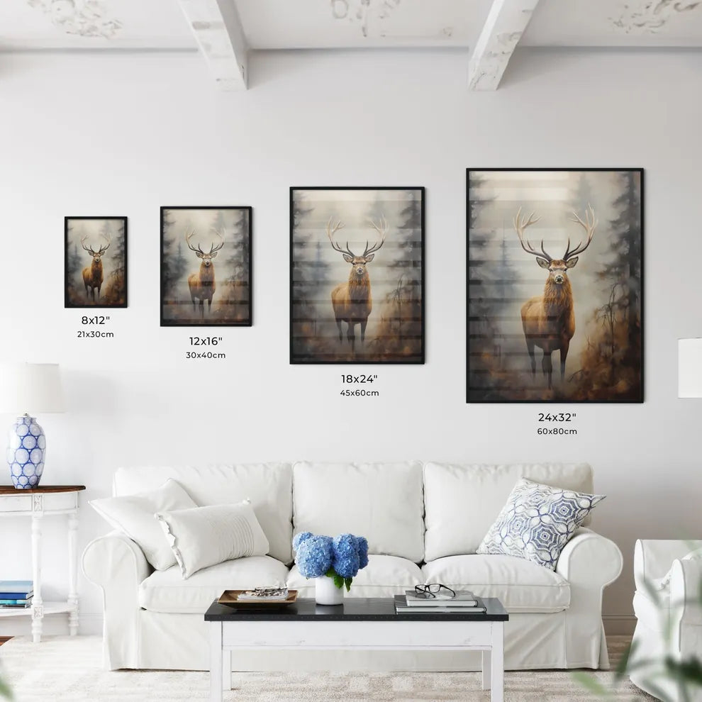 A Poster of an elk is standing on a fog  Size Chart