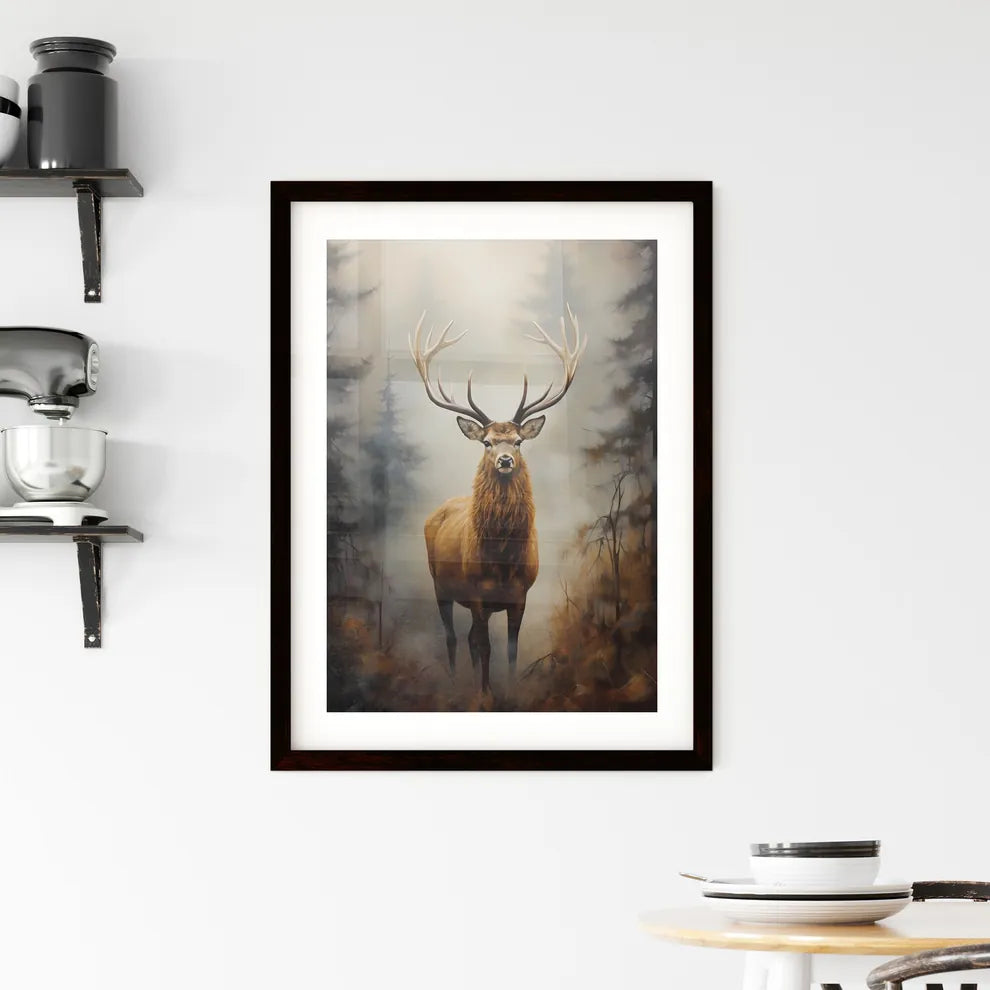 A Poster of an elk is standing on a fog  Framed Print