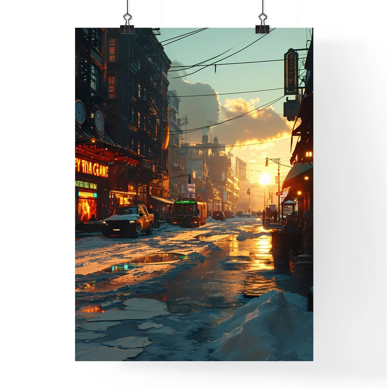 A Poster of art style ny city - A Snow Covered Street With Buildings And Cars Poster