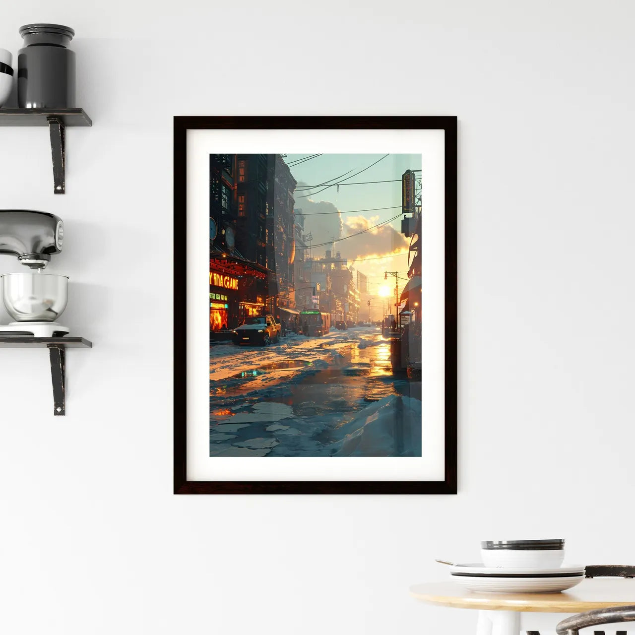 A Poster of art style ny city - A Snow Covered Street With Buildings And Cars Custom Print