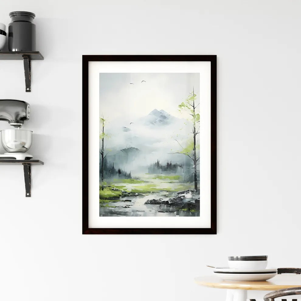 A Poster of painting of mountain side in spr Framed Print