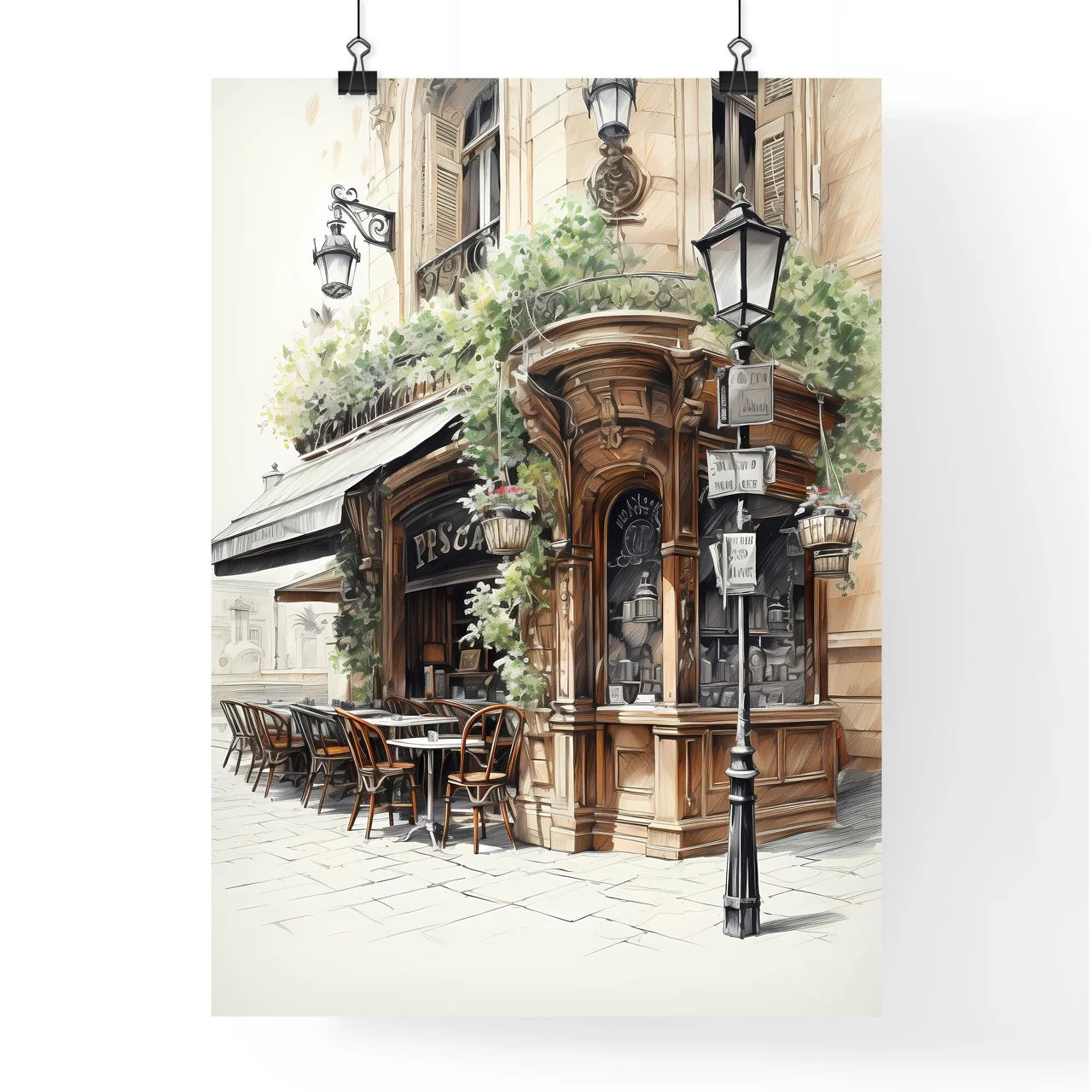 A Poster of the exterior of a paris restaurant - A Drawing Of A Building With Tables And Chairs Poster