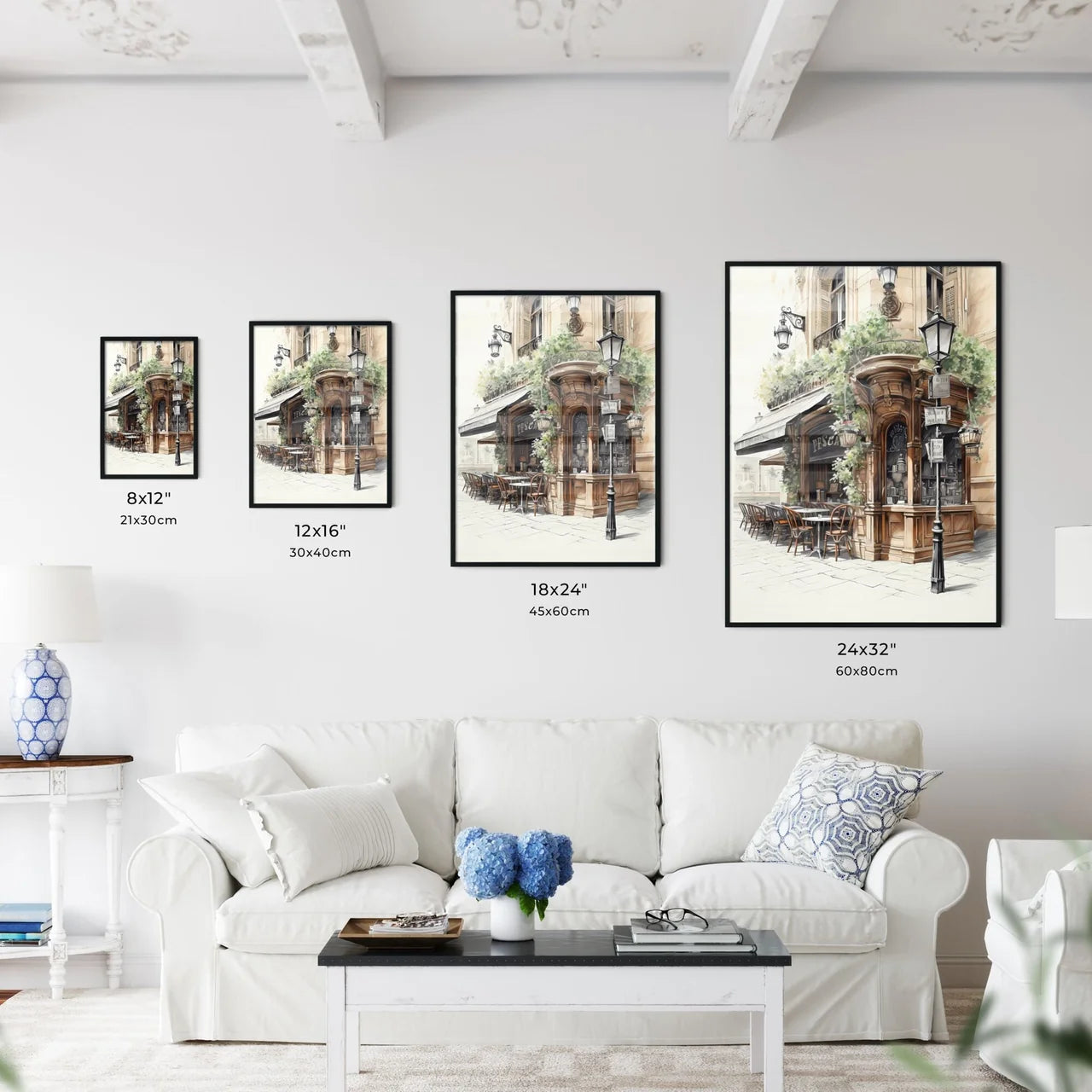 A Poster of the exterior of a paris restaurant - A Drawing Of A Building With Tables And Chairs Size Chart