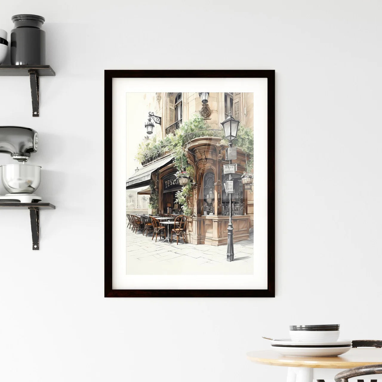 A Poster of the exterior of a paris restaurant - A Drawing Of A Building With Tables And Chairs Custom Print