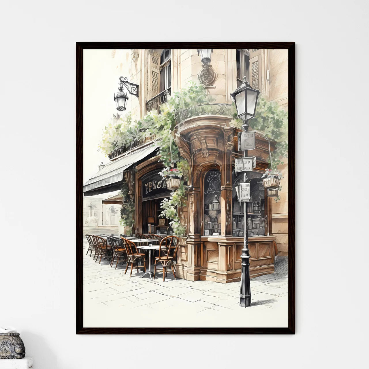A Poster of the exterior of a paris restaurant - A Drawing Of A Building With Tables And Chairs Framed Art