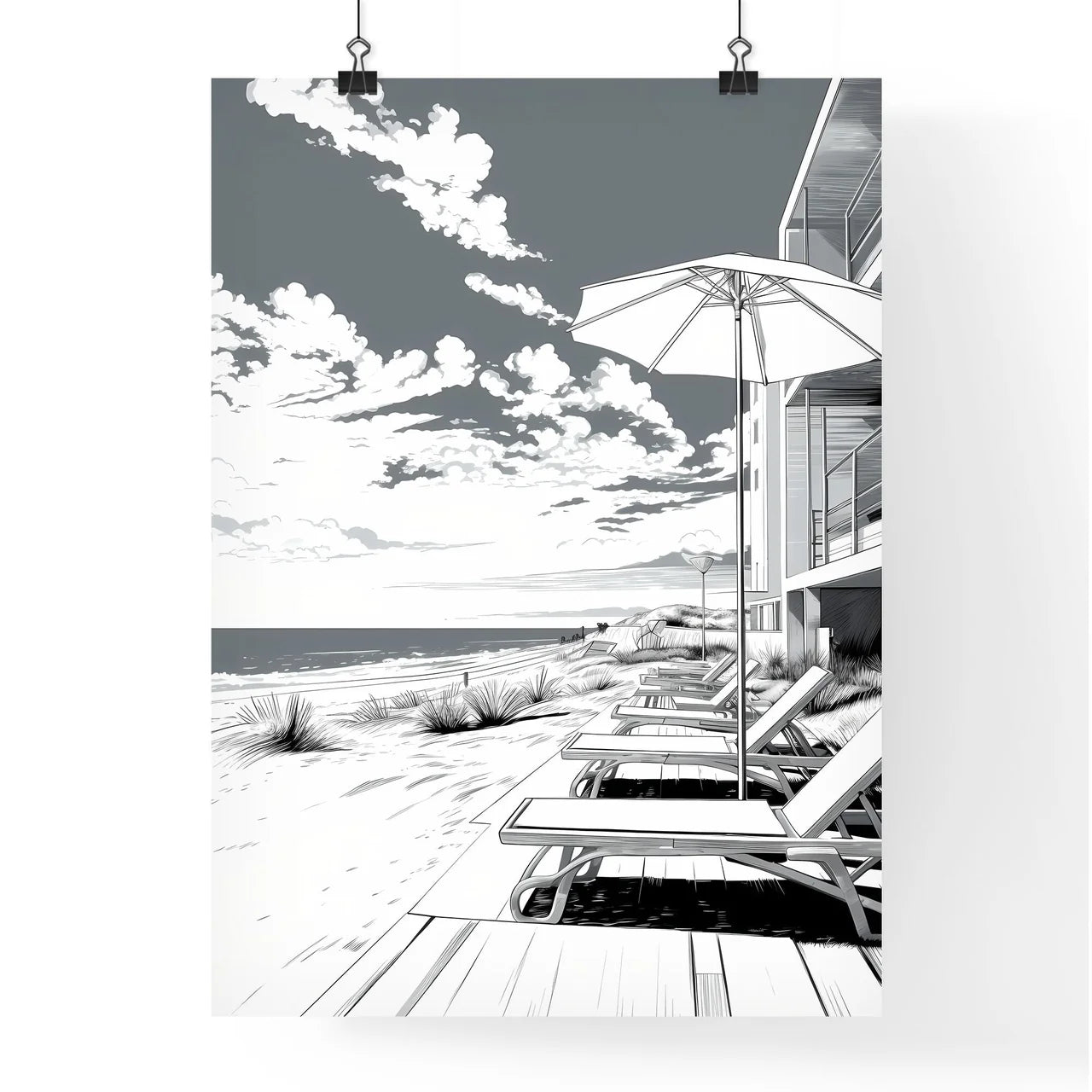 A Poster of A summer beach - A Beach With Chairs And Umbrellas Poster
