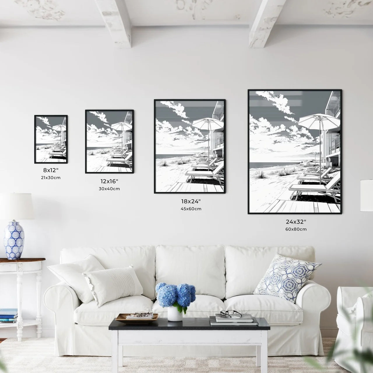 A Poster of A summer beach - A Beach With Chairs And Umbrellas Size Chart