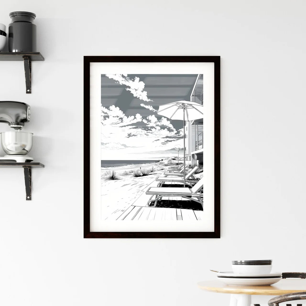 A Poster of A summer beach - A Beach With Chairs And Umbrellas Custom Print