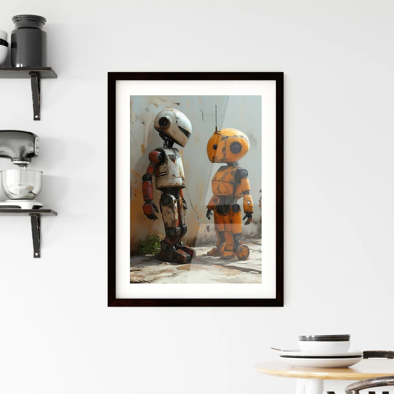 A Poster of an alien and a robot in love  Framed Print