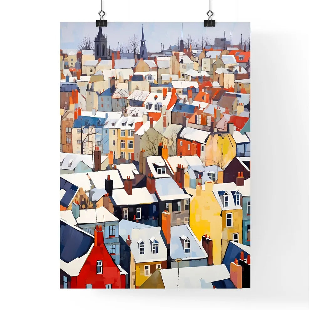 A Poster of snowy urban roofs of london - A Group Of Colorful Buildings With Snow On The Roof Poster