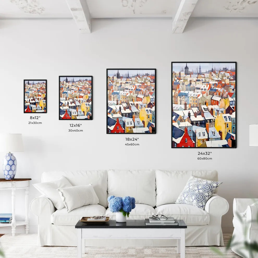 A Poster of snowy urban roofs of london - A Group Of Colorful Buildings With Snow On The Roof Size Chart
