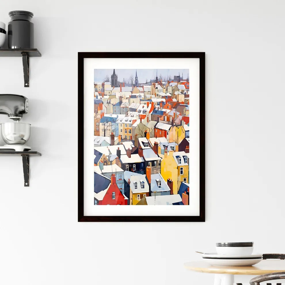 A Poster of snowy urban roofs of london - A Group Of Colorful Buildings With Snow On The Roof Custom Print