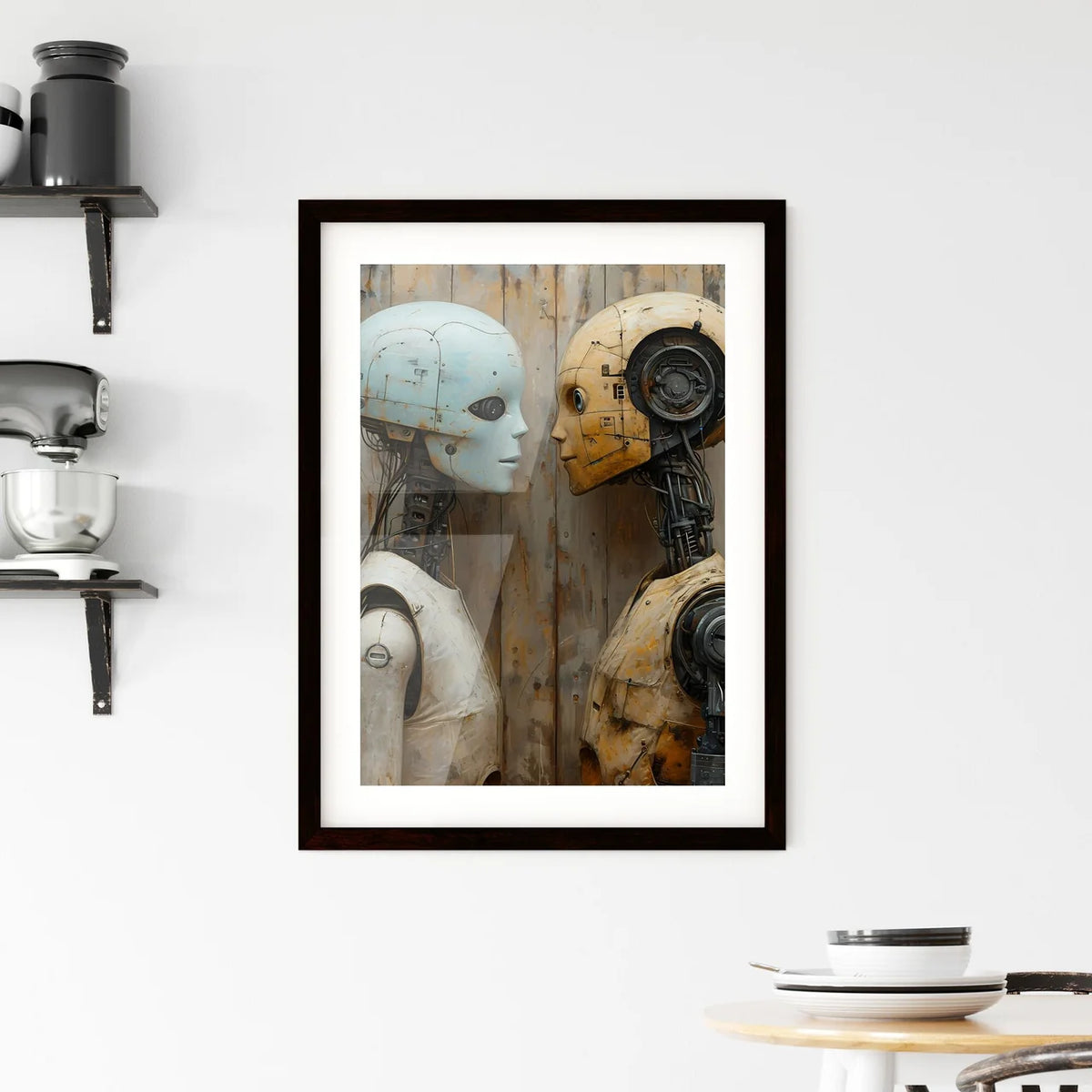 A Poster of an alien and a robot in love - T Framed Print