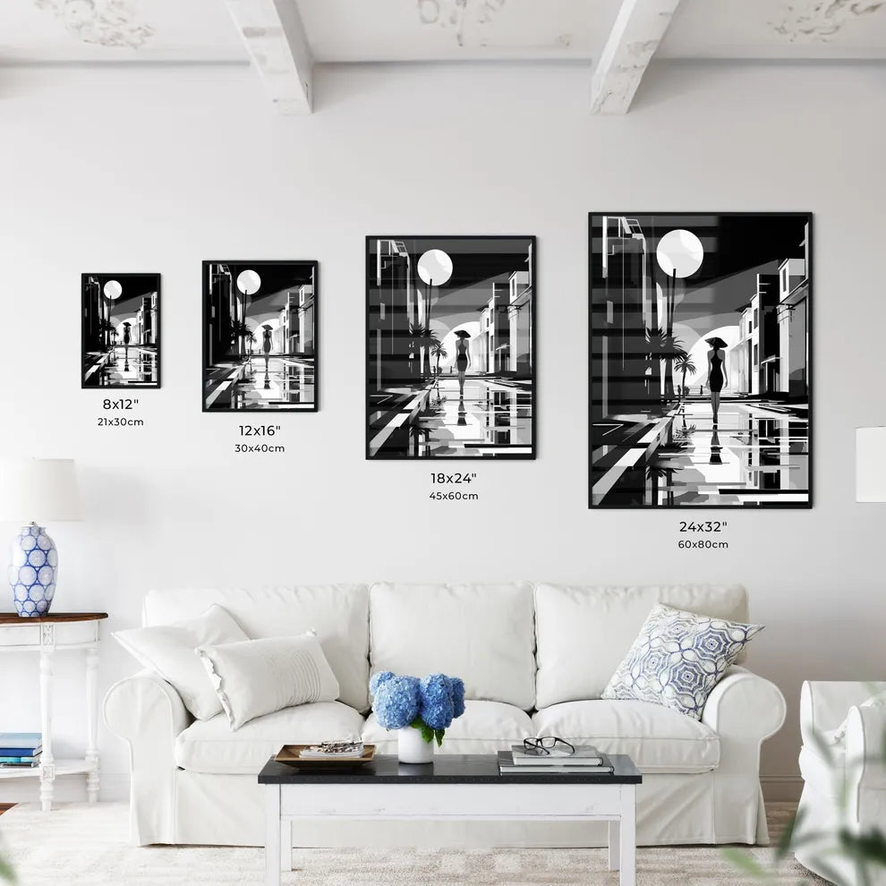 A Poster of A summer beach - A Woman Walking Down A Street Size Chart