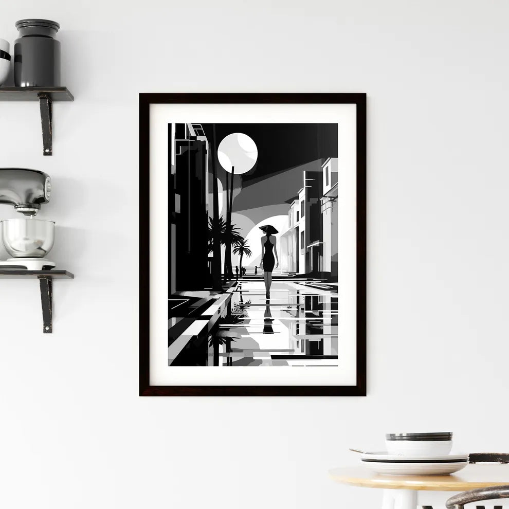 A Poster of A summer beach - A Woman Walking Down A Street Custom Print