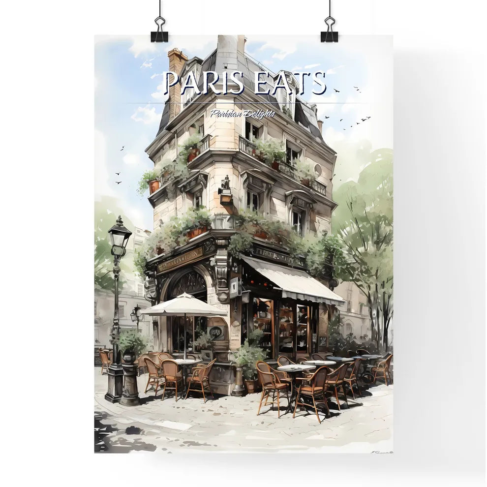 A Poster of the exterior of a paris restaurant - A Building With Tables And Chairs Poster
